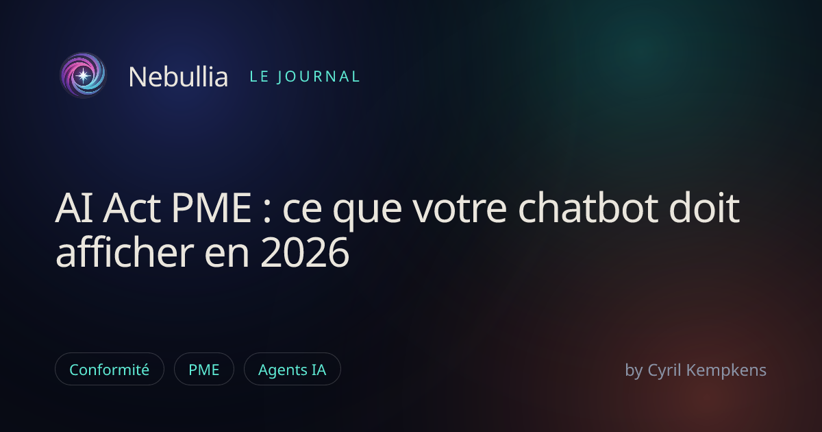 Fenêtre de chatbot sur un site d'entreprise affichant la mention de transparence exigée par l'AI Act PME